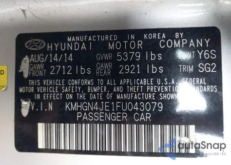 2015 Hyundai Genesis 3.8 from USA, damaged, VIN KMHGN4JE1FU043079